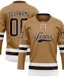 Custom Old Gold Brown-White Hockey Lace Neck Jersey