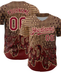 Custom Old Gold Crimson-City Cream 3D Pattern Design Flame Authentic Baseball Jersey