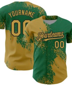 Custom Old Gold Kelly Green-Black 3D Pattern Design Abstract Brush Stroke Authentic Baseball Jersey