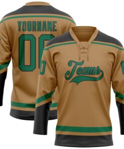 Custom Old Gold Kelly Green-Black Hockey Lace Neck Jersey