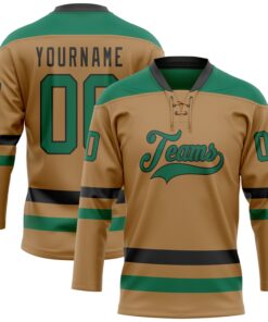 Custom Old Gold Kelly Green-Black Hockey Lace Neck Jersey