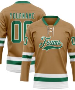 Custom Old Gold Kelly Green-White Hockey Lace Neck Jersey