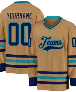 Custom Old Gold Navy-Teal Hockey Jersey