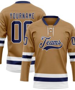Custom Old Gold Navy-White Hockey Lace Neck Jersey
