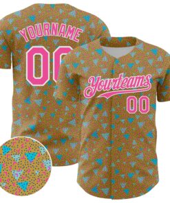 Custom Old Gold Pink-White 3D Pattern Design Geometric Shape Authentic Baseball Jersey