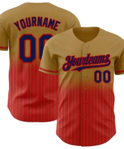 Custom Old Gold Pinstripe Navy-Red Authentic Fade Fashion Baseball Jersey
