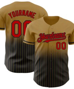 Custom Old Gold Pinstripe Red-Black Authentic Fade Fashion Baseball Jersey