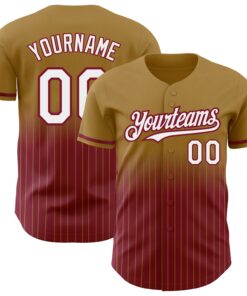 Custom Old Gold Pinstripe White-Crimson Authentic Fade Fashion Baseball Jersey