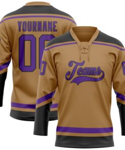 Custom Old Gold Purple-Black Hockey Lace Neck Jersey