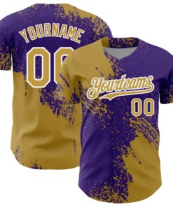 Custom Old Gold Purple-White 3D Pattern Design Abstract Brush Stroke Authentic Baseball Jersey