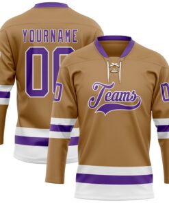 Custom Old Gold Purple-White Hockey Lace Neck Jersey