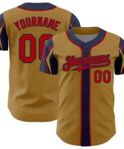 Custom Old Gold Red-Navy 3 Colors Arm Shapes Authentic Baseball Jersey