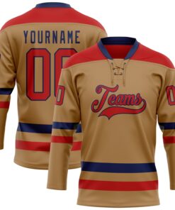Custom Old Gold Red-Navy Hockey Lace Neck Jersey