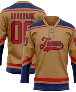 Custom Old Gold Red-Navy Hockey Lace Neck Jersey