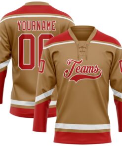 Custom Old Gold Red-White Hockey Lace Neck Jersey
