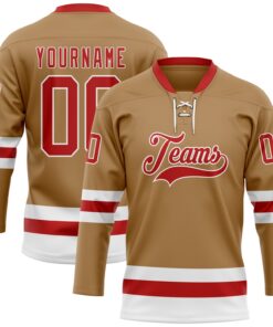 Custom Old Gold Red-White Hockey Lace Neck Jersey