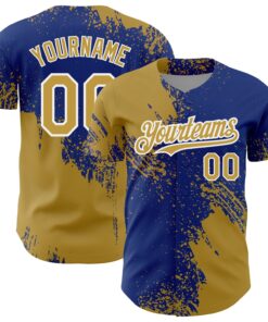 Custom Old Gold Royal-White 3D Pattern Design Abstract Brush Stroke Authentic Baseball Jersey