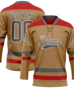 Custom Old Gold Steel Gray-Red Hockey Lace Neck Jersey
