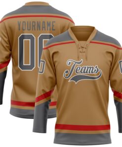 Custom Old Gold Steel Gray-White Hockey Lace Neck Jersey