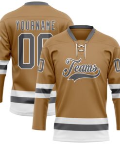 Custom Old Gold Steel Gray-White Hockey Lace Neck Jersey