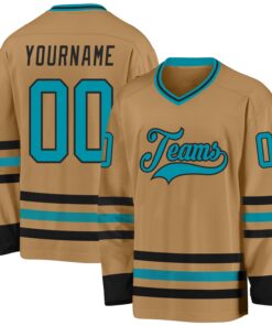 Custom Old Gold Teal-Black Hockey Jersey