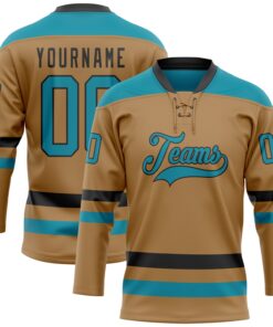 Custom Old Gold Teal-Black Hockey Lace Neck Jersey