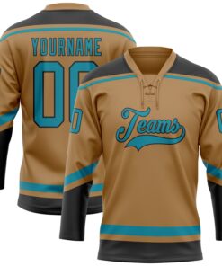 Custom Old Gold Teal-Black Hockey Lace Neck Jersey