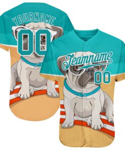 Custom Old Gold Teal-White 3D Pattern Design Puppy Pug Authentic Baseball Jersey
