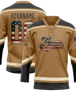 Custom Old Gold Vintage USA Flag Black-Cream Hockey Lace Neck Jersey