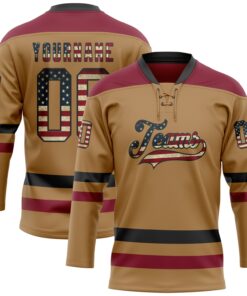 Custom Old Gold Vintage USA Flag Black-Crimson Hockey Lace Neck Jersey
