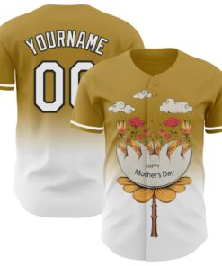 Custom Old Gold White-Black 3D Pattern Design Gradient Mother's Day Flower Authentic Baseball Jersey