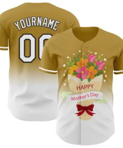 Custom Old Gold White-Black 3D Pattern Design Gradient Mother's Day Flower Authentic Baseball Jersey