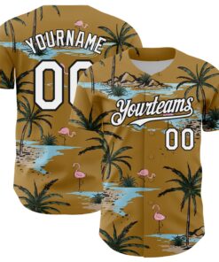 Custom Old Gold White-Black 3D Pattern Design Tropical Hawaii Palm Trees Authentic Baseball Jersey