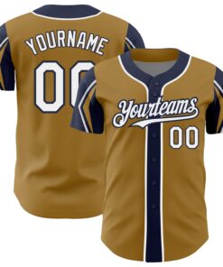 Custom Old Gold White-Navy 3 Colors Arm Shapes Authentic Baseball Jersey