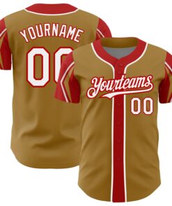 Custom Old Gold White-Red 3 Colors Arm Shapes Authentic Baseball Jersey