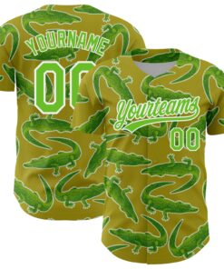 Custom Olive Aurora Green-White 3D Pattern Design Crocodile Authentic Baseball Jersey