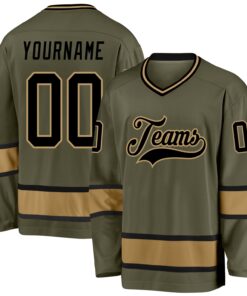 Custom Olive Black-Old Gold Salute To Service Hockey Jersey