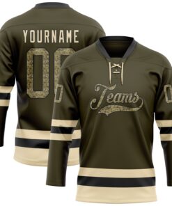 Custom Olive Camo Black-Cream Salute To Service Hockey Lace Neck Jersey