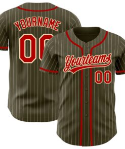 Custom Olive City Cream Pinstripe Red Authentic Salute To Service Baseball Jersey