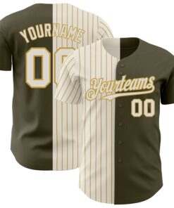 Custom Olive Cream-Old Gold Pinstripe Authentic Split Fashion Salute To Service Baseball Jersey