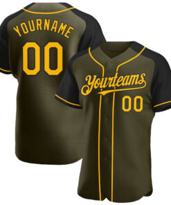 Custom Olive Gold-Black Authentic Raglan Sleeves Salute To Service Baseball Jersey