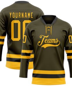 Custom Olive Gold-Black Salute To Service Hockey Lace Neck Jersey