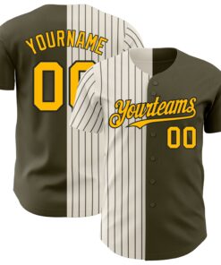 Custom Olive Gold Cream-Black Pinstripe Authentic Split Fashion Salute To Service Baseball Jersey
