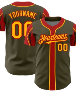 Custom Olive Gold-Red 3 Colors Arm Shapes Authentic Salute To Service Baseball Jersey
