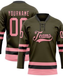 Custom Olive Medium Pink-Black Salute To Service Hockey Lace Neck Jersey