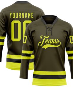 Custom Olive Neon Yellow-Black Salute To Service Hockey Lace Neck Jersey
