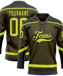 Custom Olive Neon Yellow-Black Salute To Service Hockey Lace Neck Jersey