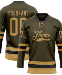 Custom Olive Old Gold-Black Salute To Service Hockey Lace Neck Jersey