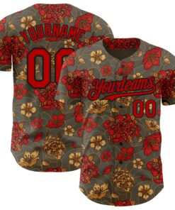 Custom Olive Red-Black 3D Pattern Design Northeast China Big Flower Authentic Baseball Jersey
