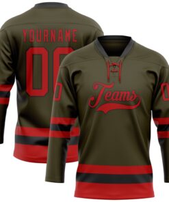 Custom Olive Red-Black Salute To Service Hockey Lace Neck Jersey